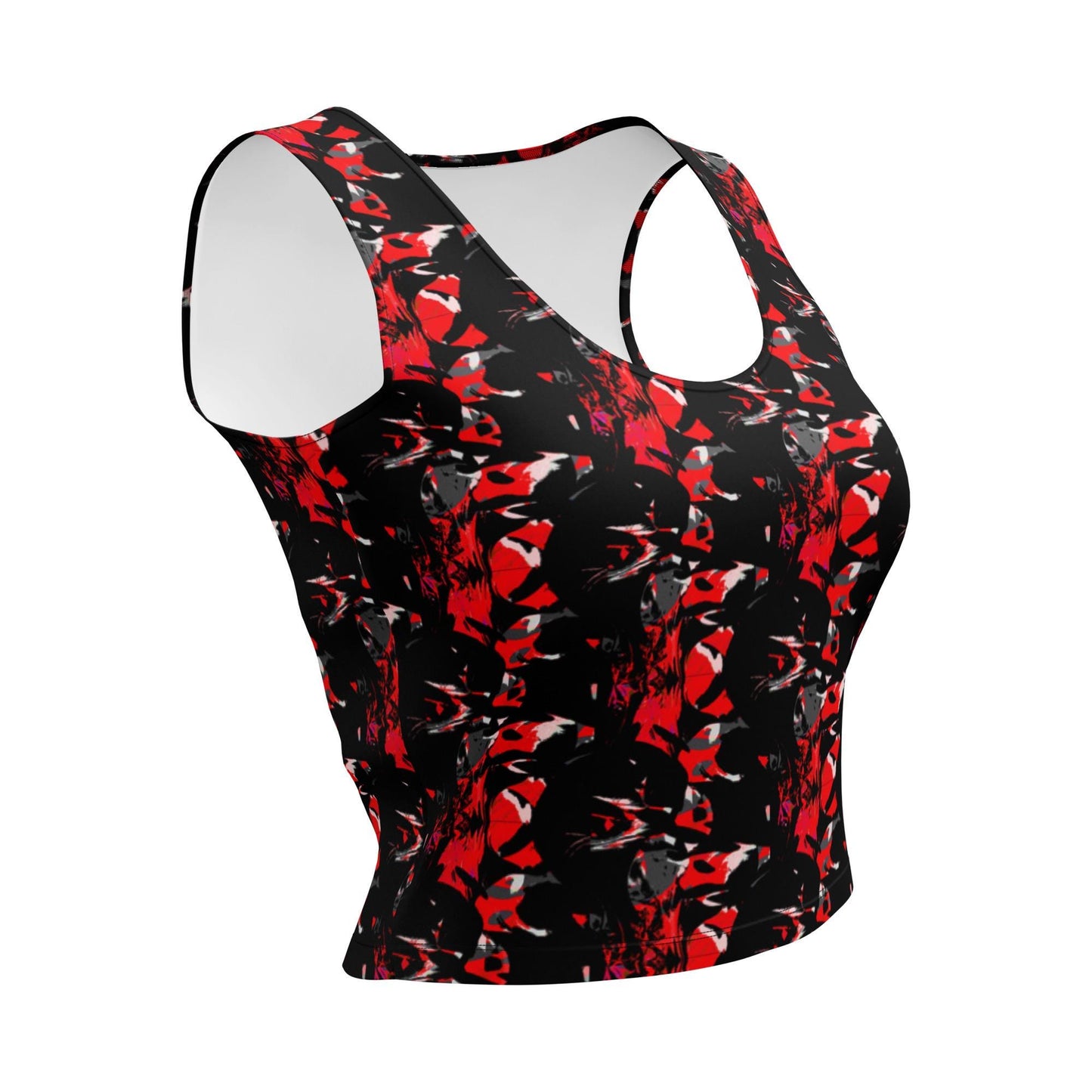 Floral Crop Top: Red & Black Abstract Sleeveless Tank