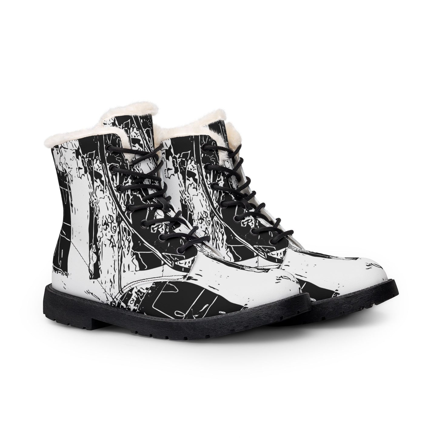 Black and White Abstract Boots Women's Fur and Leather Boots