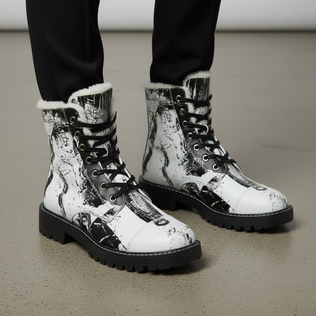 Black and White Abstract Boots Women's Fur and Leather Boots