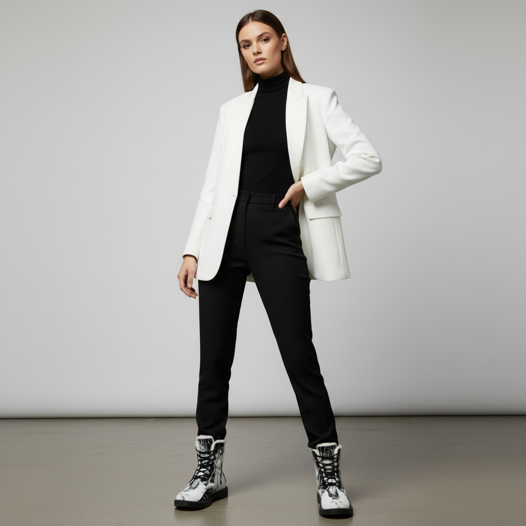 Black and White Abstract Boots Women's Fur and Leather Boots