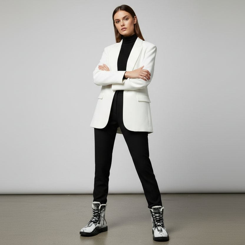 Black and White Abstract Boots Women's Fur and Leather Boots