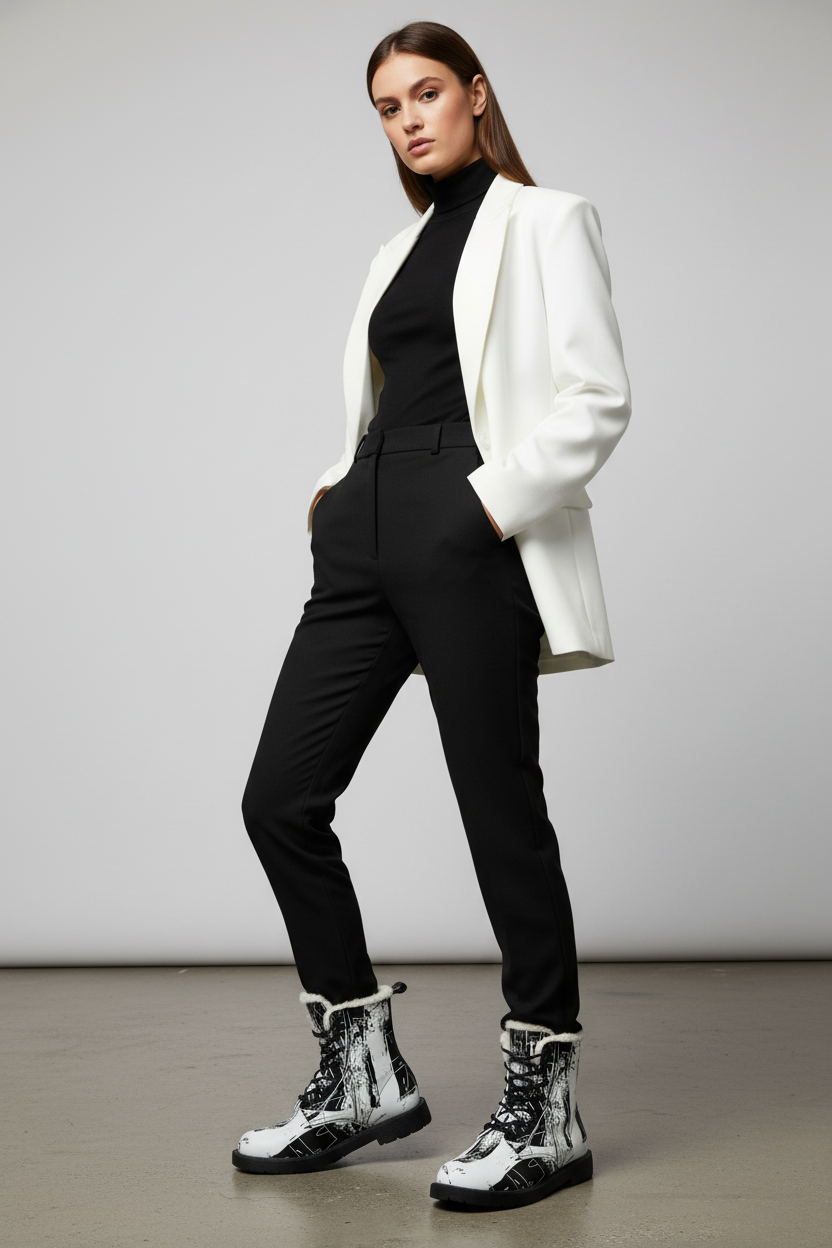Black and White Abstract Boots Women's Fur and Leather Boots
