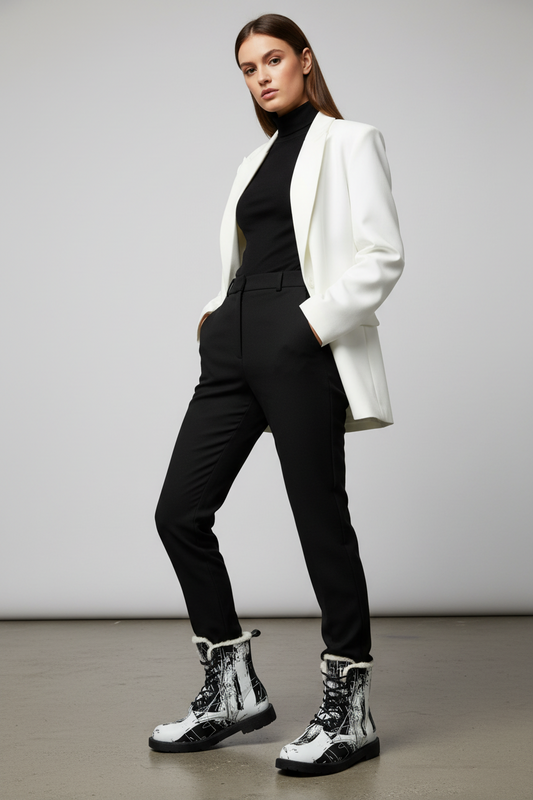 Black and White Abstract Boots Women's Fur and Leather Boots