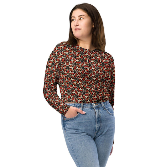 Recycled long-sleeve crop top, Vintage-Inspired Geometric Print Long Sleeve Top - Retro Style Women's Blouse