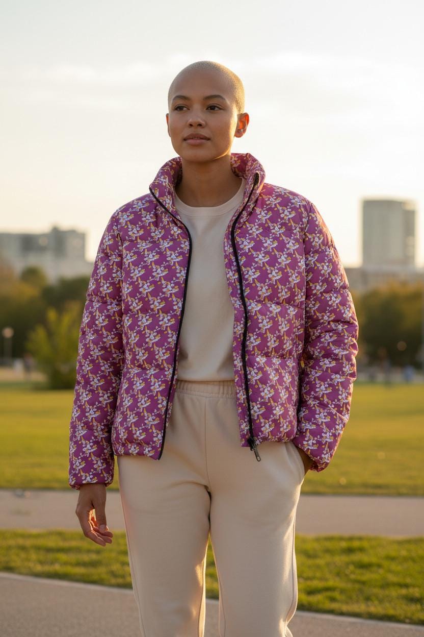 Pink Floral Pattern Puffer Jacket | All-Over Print