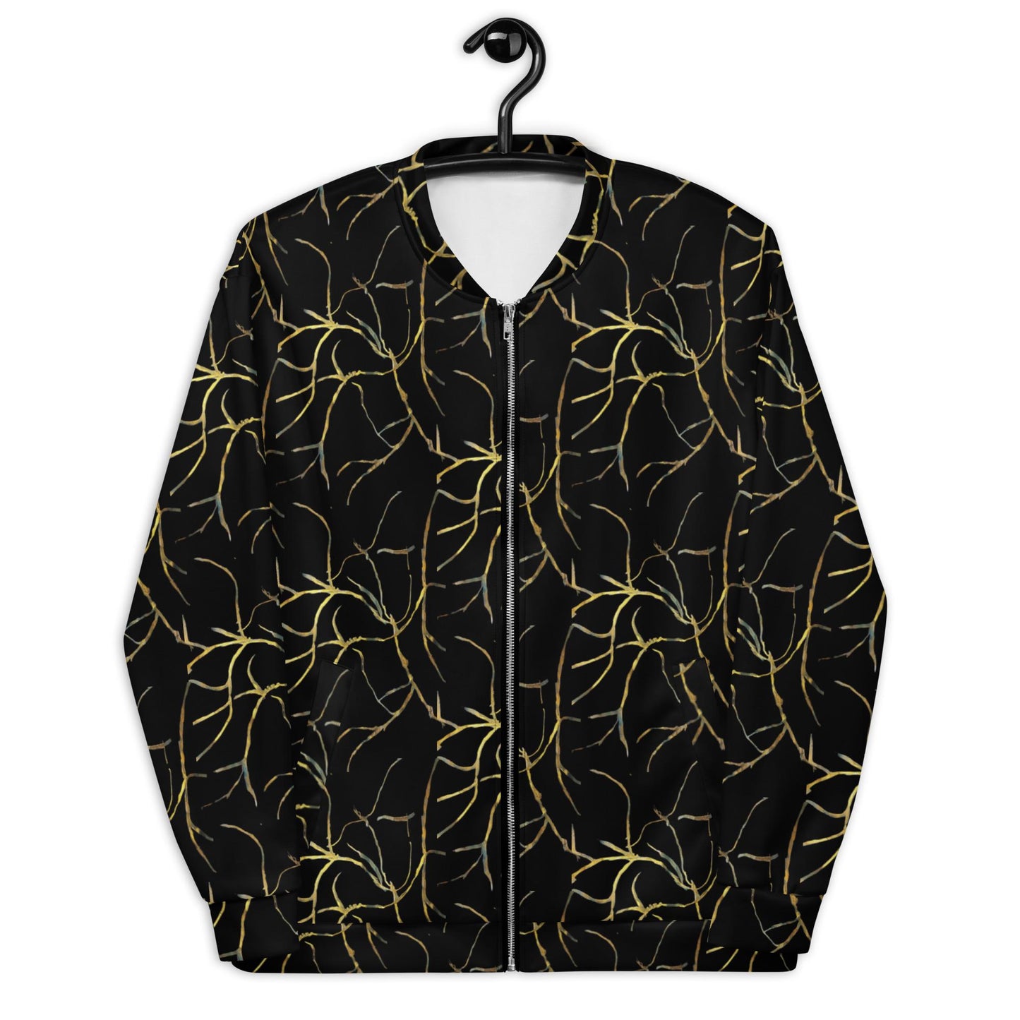 Black and Gold Bomber Jacket: Abstract Leaf Pattern, Lightweight Outerwear