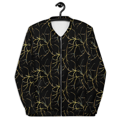 Black and Gold Bomber Jacket: Abstract Leaf Pattern, Lightweight Outerwear