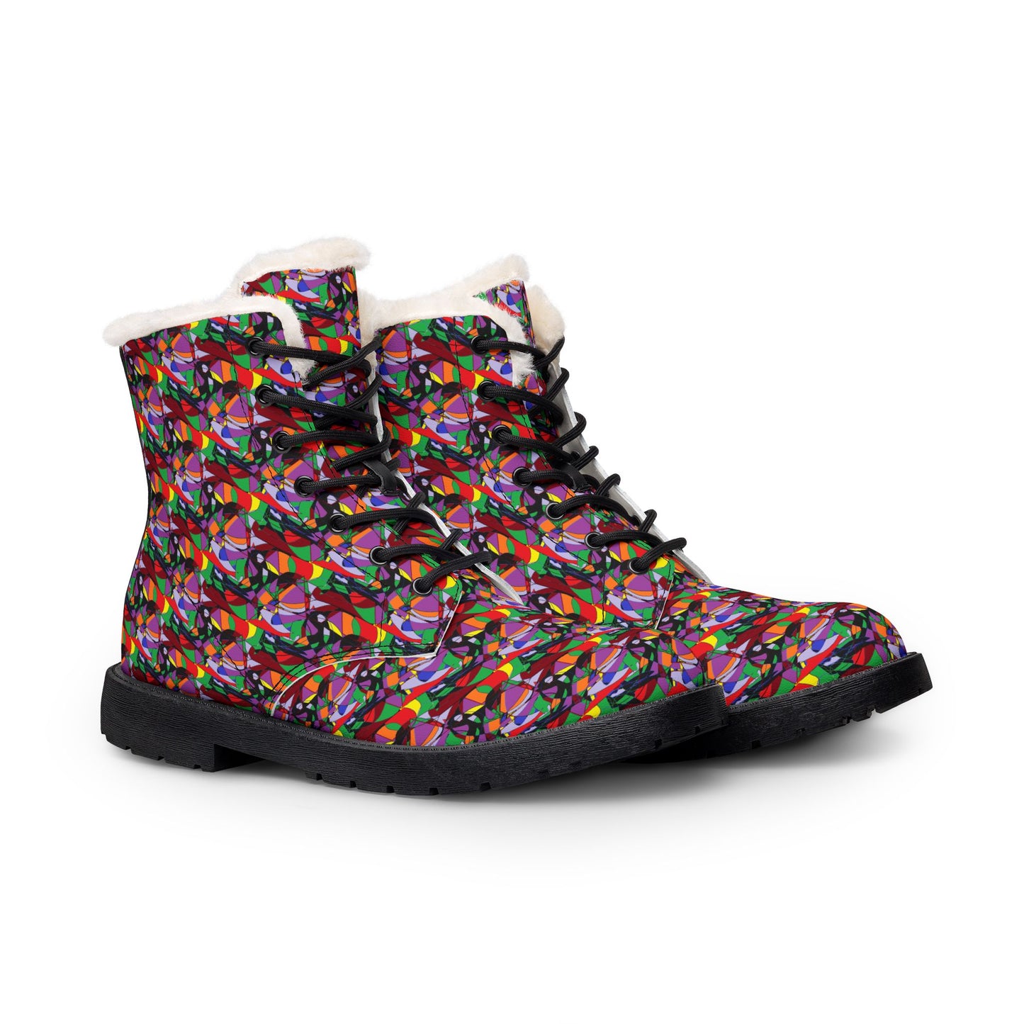 Colorful Geometric Fur-Lined Leather Boots — Women's Winter Ankle Boots