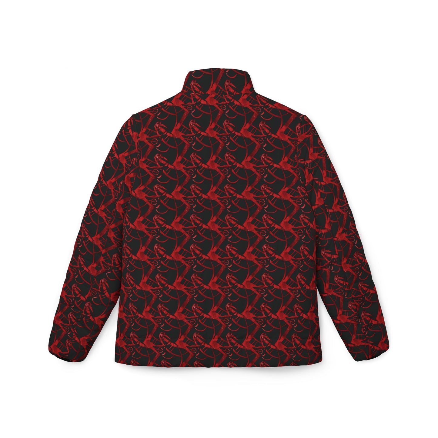 Women’s Puffer Jacket — Red & Black Abstract Feather All-Over Print