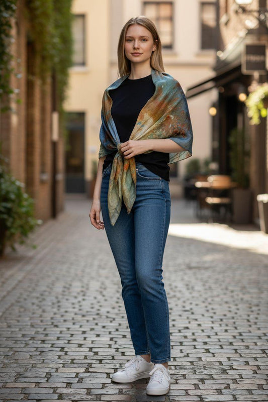 Blue and yellow gold square scarf, stunning abstract design in shades of blue, perfect for adding elegance to any outfit, great gift idea.