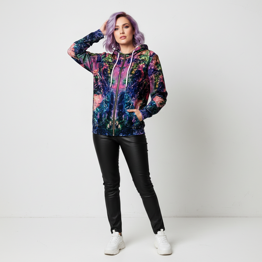 Galaxy Floral Women's Full-Zip Hoodie — Psychedelic Mirror Print
