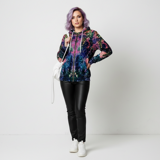Galaxy Floral Women's Full-Zip Hoodie — Psychedelic Mirror Print