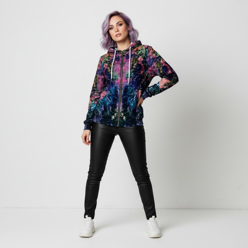 Galaxy Floral Women's Full-Zip Hoodie — Psychedelic Mirror Print