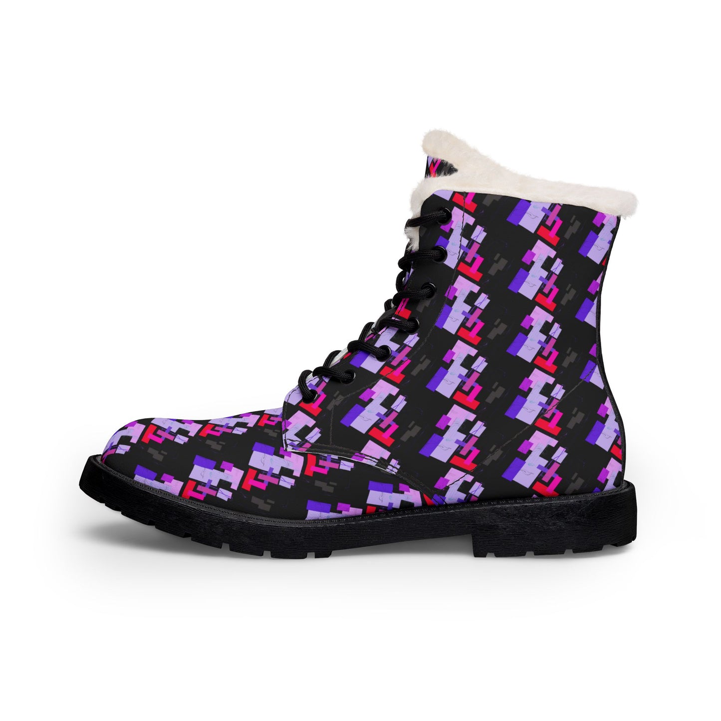 Pink Houndstooth Pattern Women's Boots | Leather Fur Ankle Booties