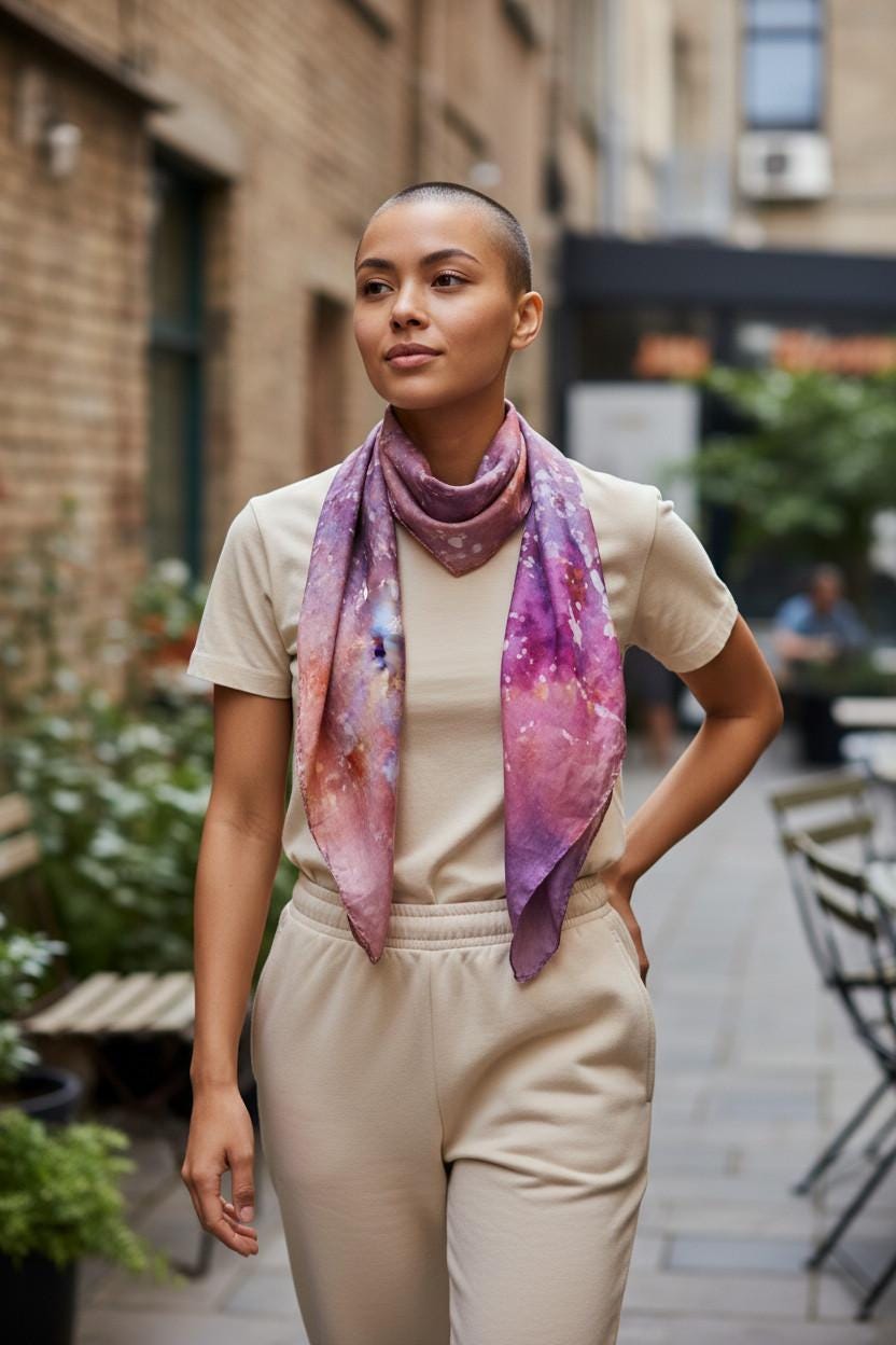 batik silk scarf- orange and purple neckerchief small gift for a loved one.