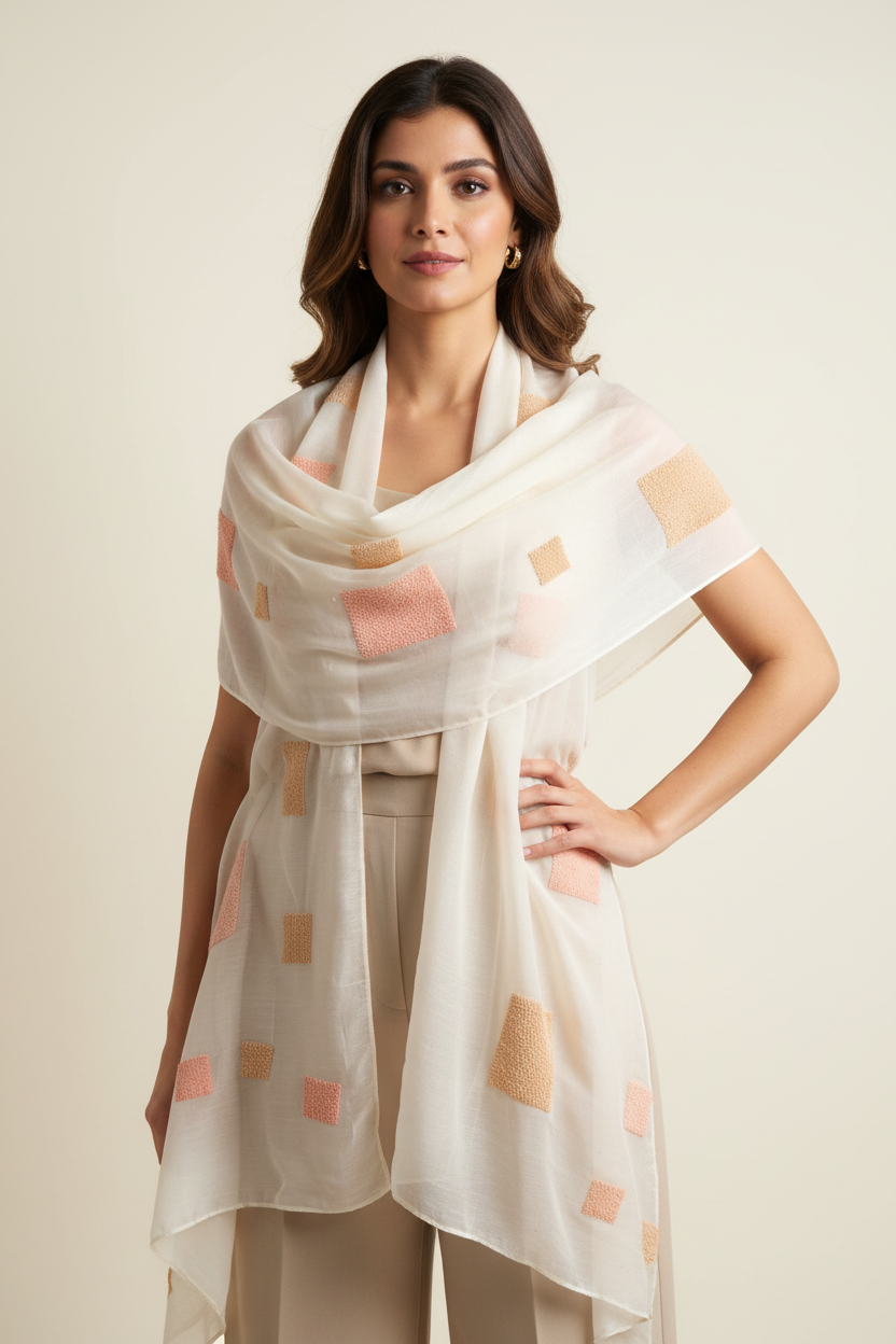 Handcrafted Silk Shawl: Geometric Patchwork, Elegant Artistry