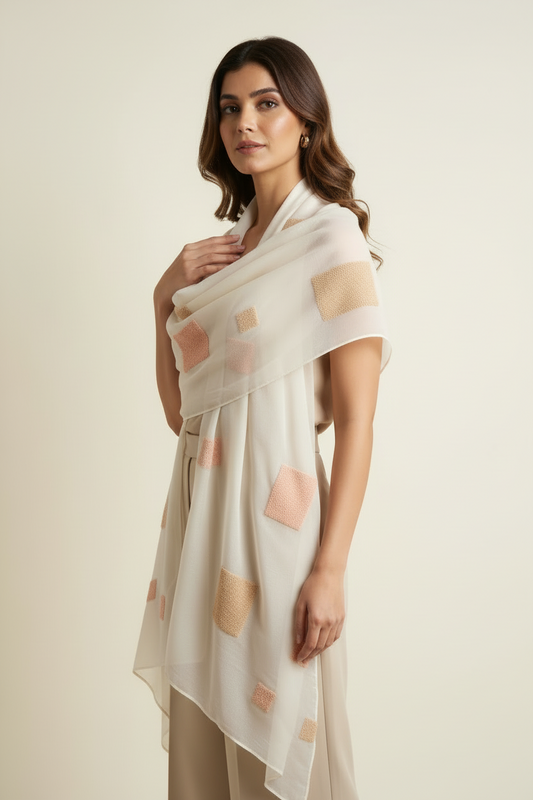 Handcrafted Silk Shawl: Geometric Patchwork, Elegant Artistry