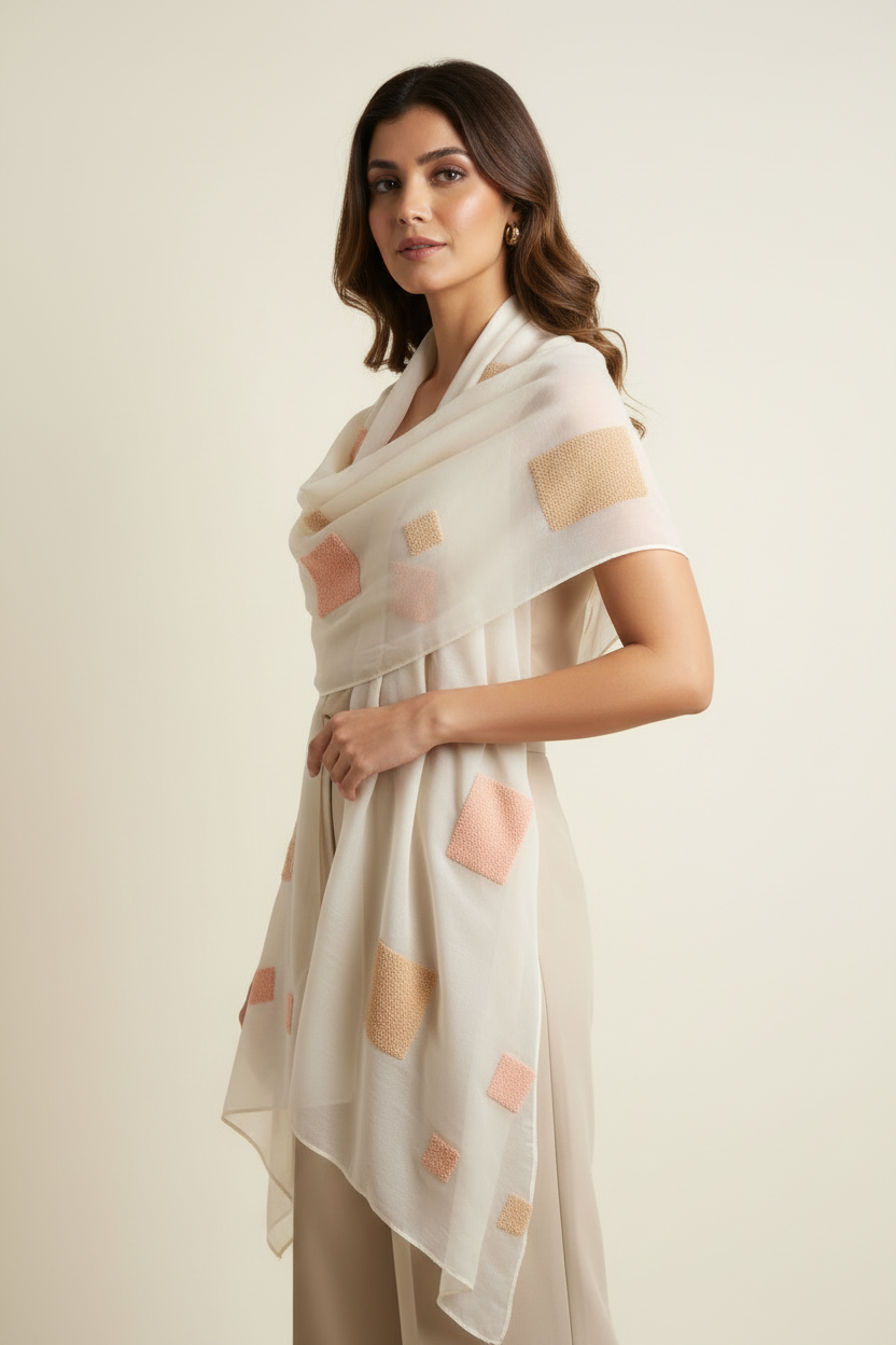 Handcrafted Silk Shawl: Geometric Patchwork, Elegant Artistry