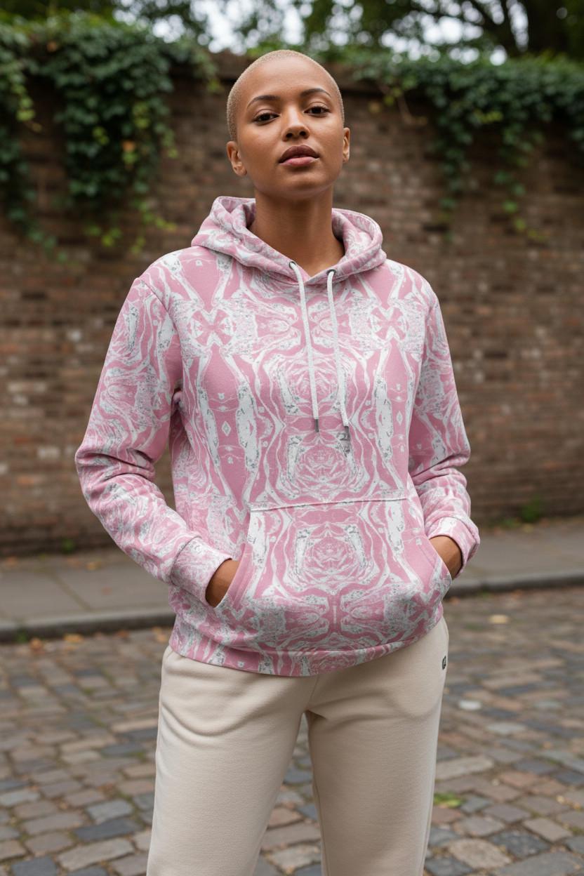 Pink Marble Print Hoodie with Pocket
