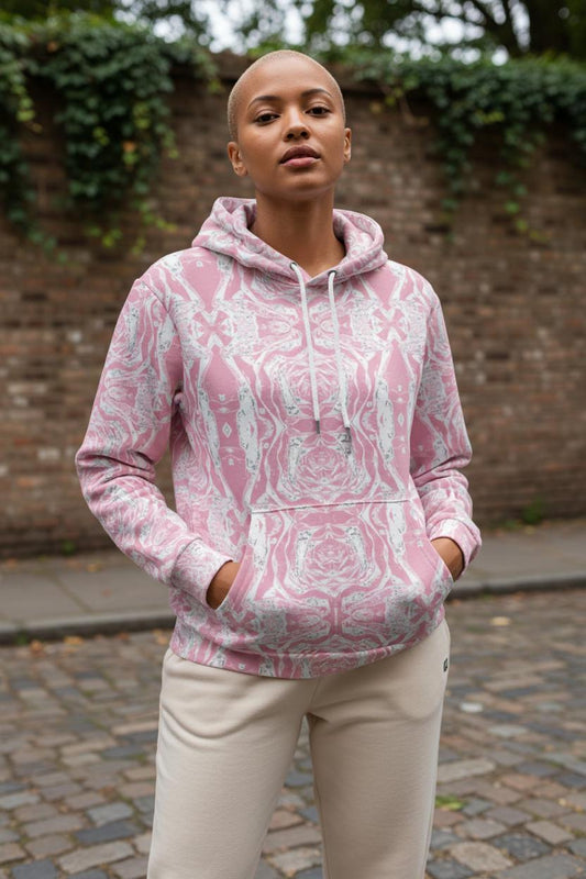 Pink Marble Print Hoodie with Pocket