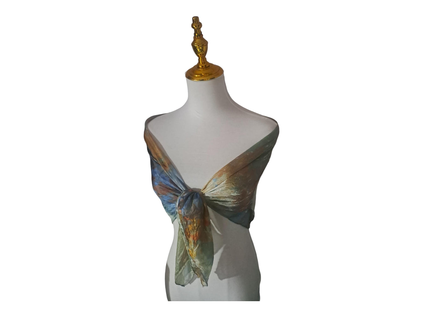 Blue and yellow gold square scarf, stunning abstract design in shades of blue, perfect for adding elegance to any outfit, great gift idea.