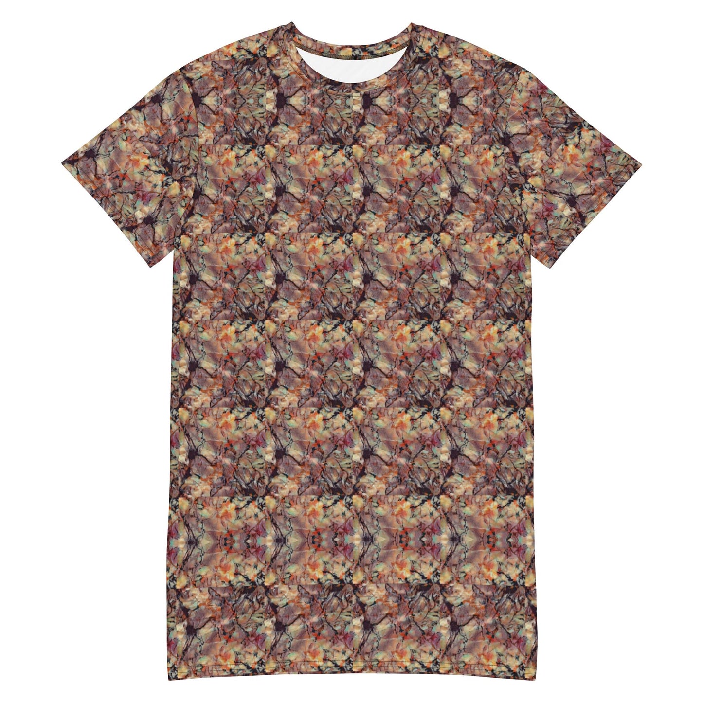 Boho Chic Abstract Print T-Shirt Dress | Earthy Tones Flowy Oversized Tee