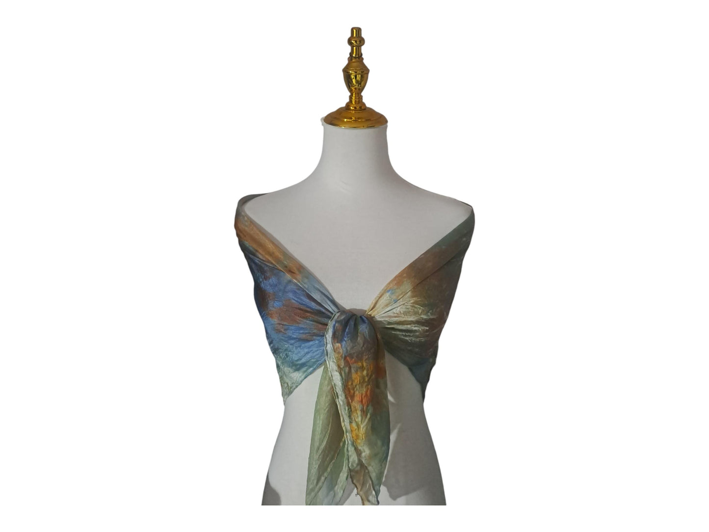 Blue and yellow gold square scarf, stunning abstract design in shades of blue, perfect for adding elegance to any outfit, great gift idea.