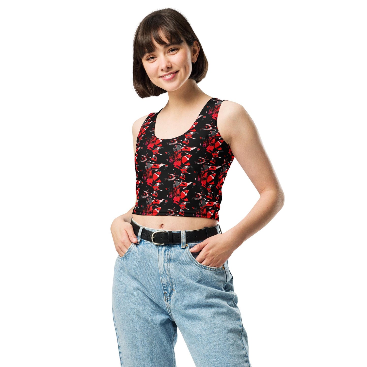 Floral Crop Top: Red & Black Abstract Sleeveless Tank