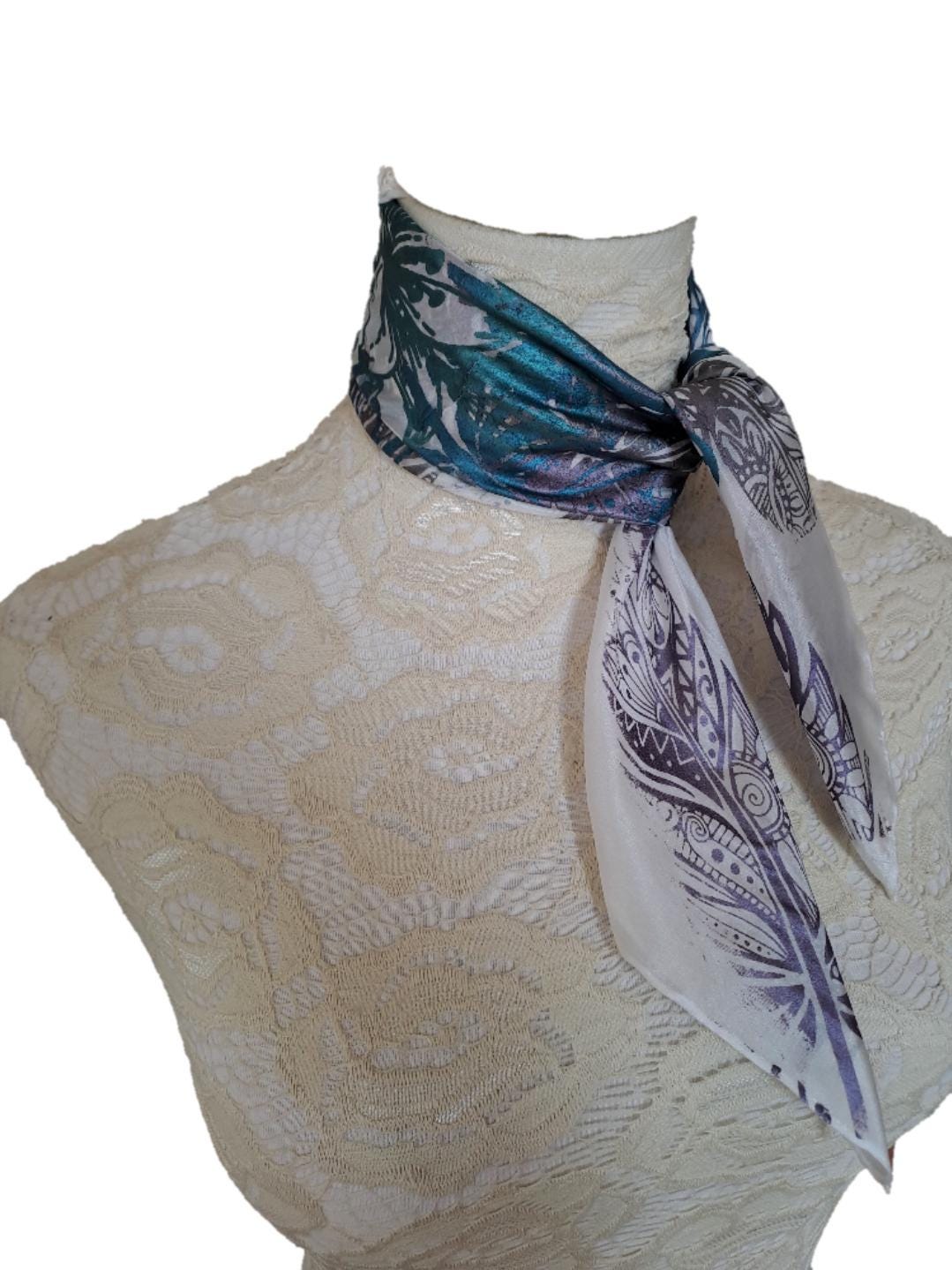 Handmade Silk Neckerchief: Silver & White Peacock Feather Scarf