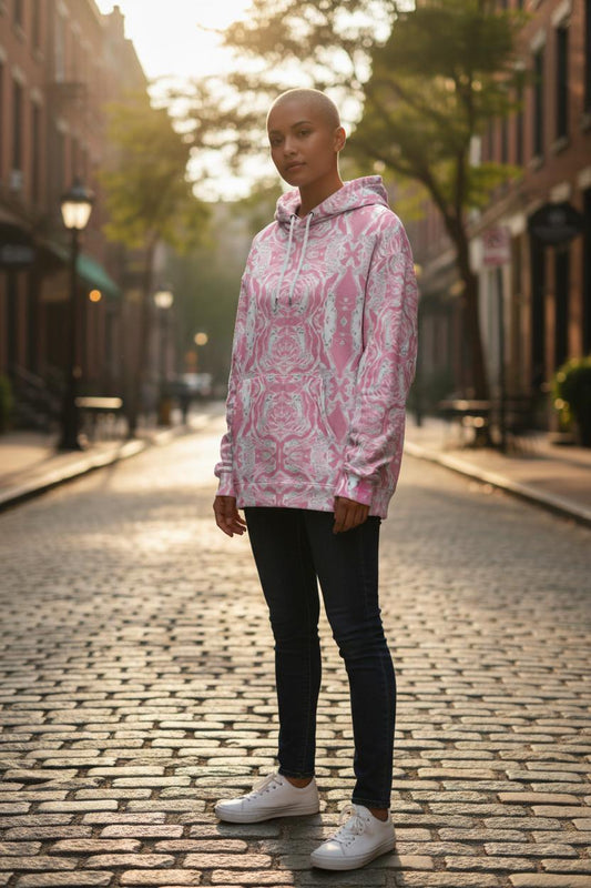 Pink Marble Print Hoodie with Pocket