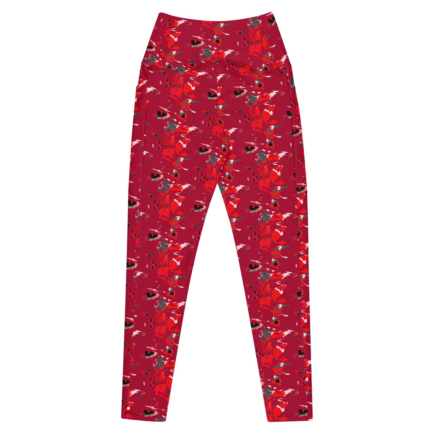 Red Abstract Pocket Leggings, High-Waisted Compression