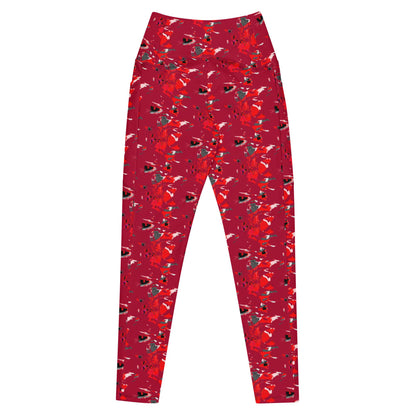Red Abstract Pocket Leggings, High-Waisted Compression
