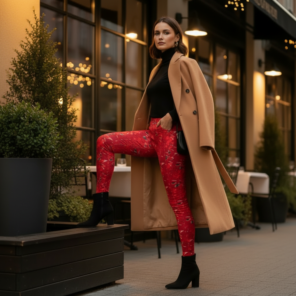 Red Abstract Pocket Leggings, High-Waisted Compression
