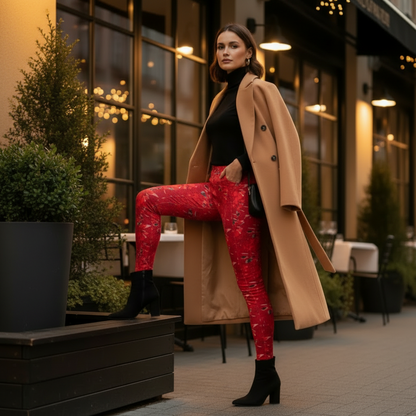 Red Abstract Pocket Leggings, High-Waisted Compression