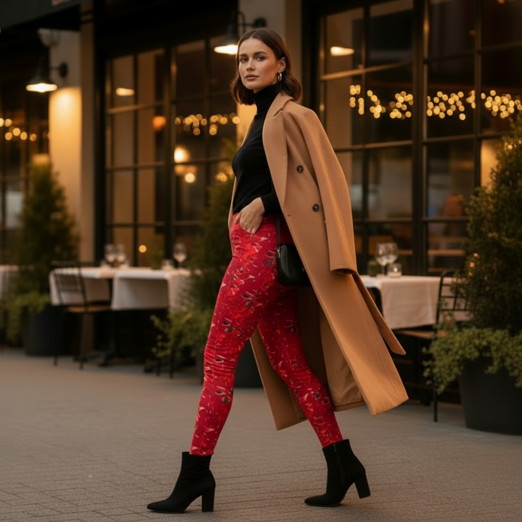 Red Abstract Pocket Leggings, High-Waisted Compression