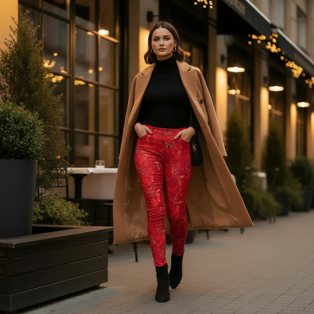 Red Abstract Pocket Leggings, High-Waisted Compression