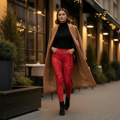 Red Abstract Pocket Leggings, High-Waisted Compression