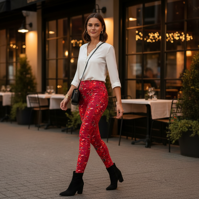 Red Abstract Pocket Leggings, High-Waisted Compression