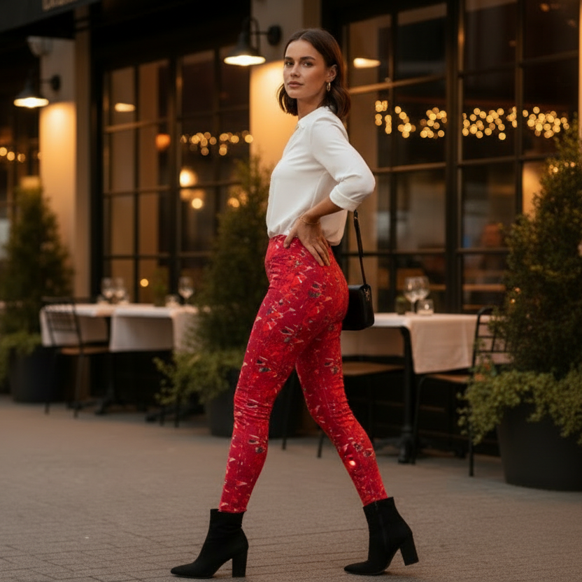 Red Abstract Pocket Leggings, High-Waisted Compression