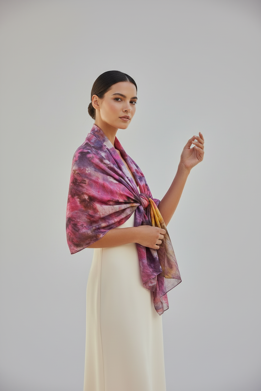Red Abstract Scarf: Elegant Ice-Dyed Ladies Accessory