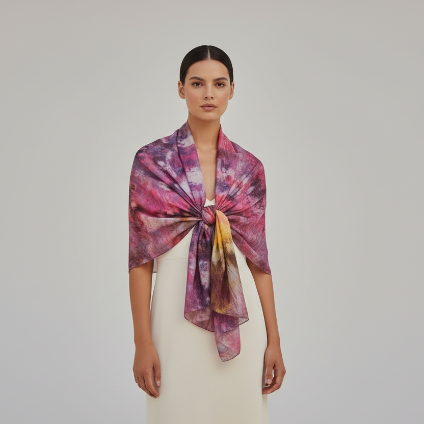 Red Abstract Scarf: Elegant Ice-Dyed Ladies Accessory