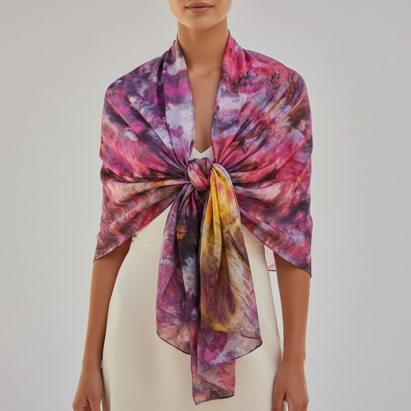 Red Abstract Scarf: Elegant Ice-Dyed Ladies Accessory