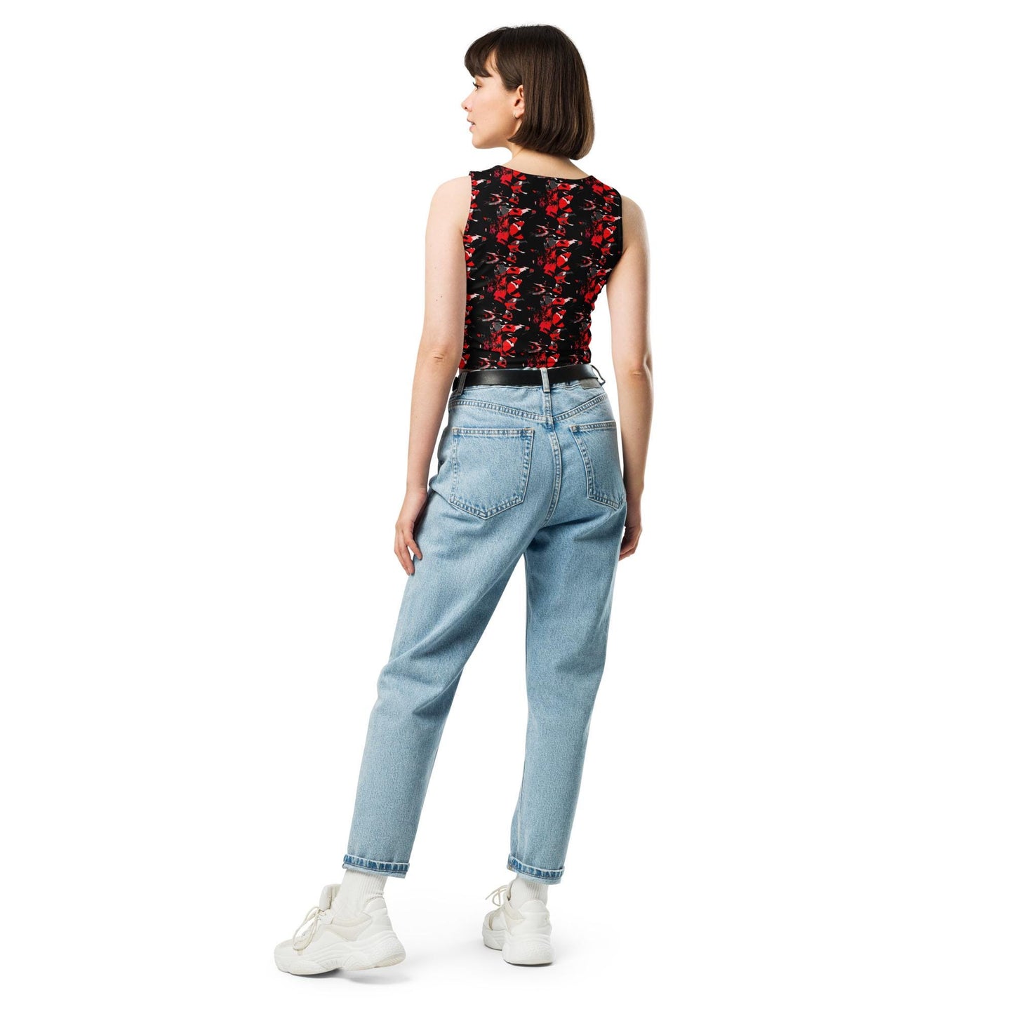 Floral Crop Top: Red & Black Abstract Sleeveless Tank
