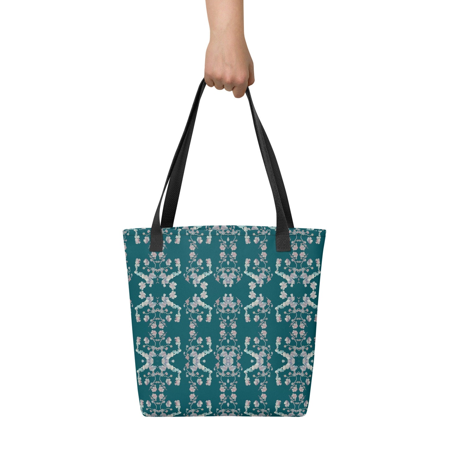 Floral Tote Bag: Green & White Print, Unisex Cotton Handles