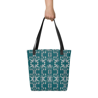Floral Tote Bag: Green & White Print, Unisex Cotton Handles