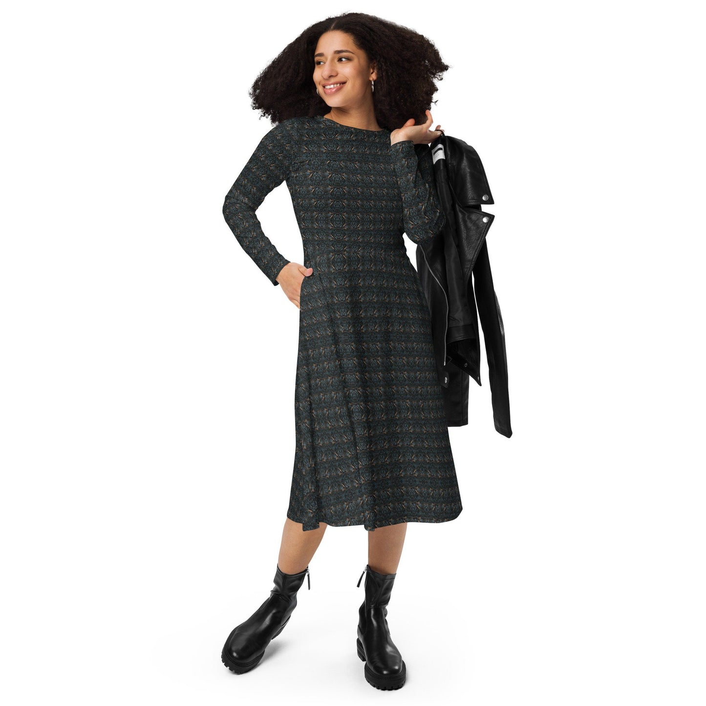 Navy Blue Marble Knit Midi Dress | Long Sleeve Party Gown