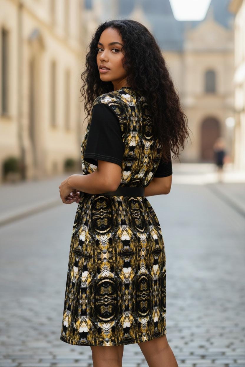 Black and Gold T-Shirt Dress: Oversized Short Sleeve Party Dress