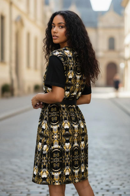 Black and Gold T-Shirt Dress: Oversized Short Sleeve Party Dress