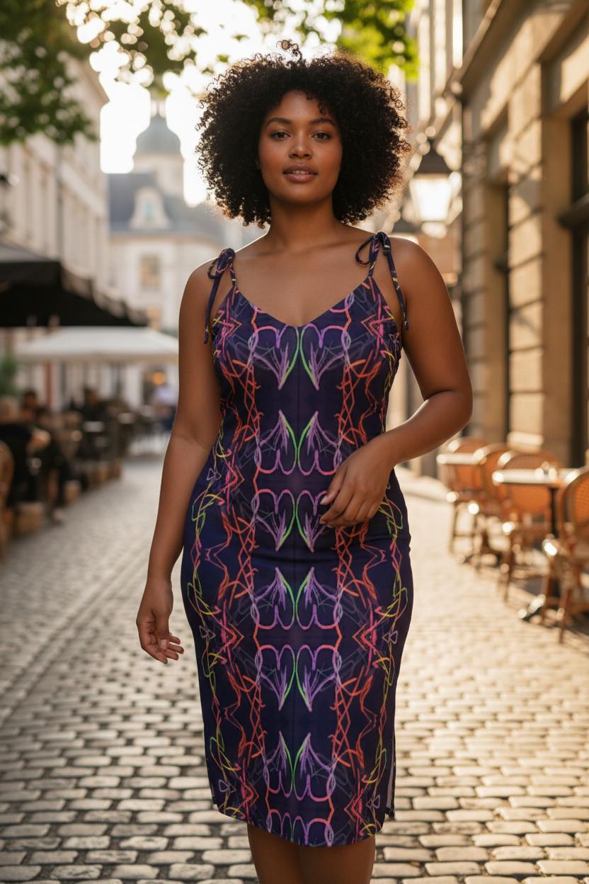 Abstract Pattern Tie-Strap Midi Dress: Handmade Summer Chiffon