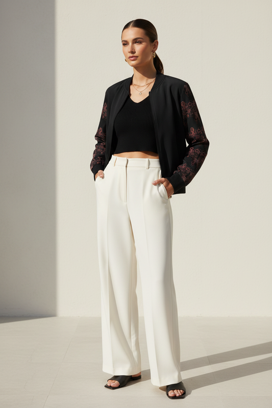 Bomber Jacket- black bomber jacket with printed detailed sleeves
